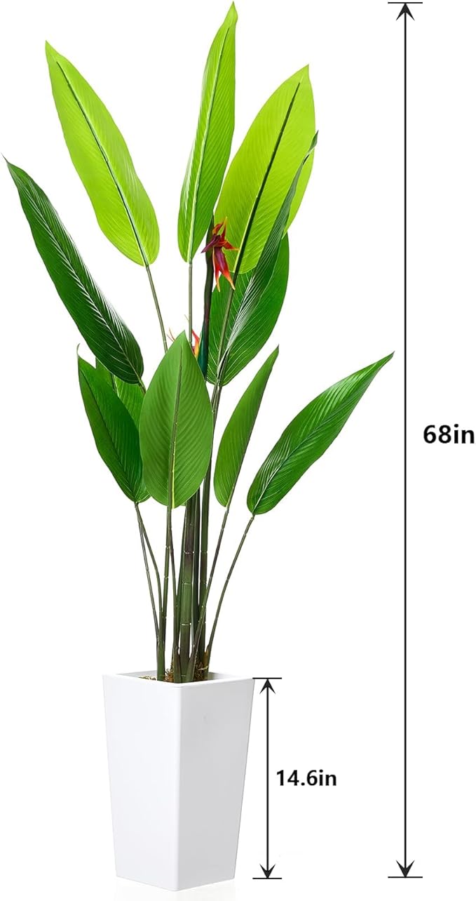 5.7FT Artificial Bird of Paradise Plant, Faux Evergreen Tropical Floor Plant in White Tall Planter, Decorative Banana Tree Indoor for Home Living Room Entryway Porch Office