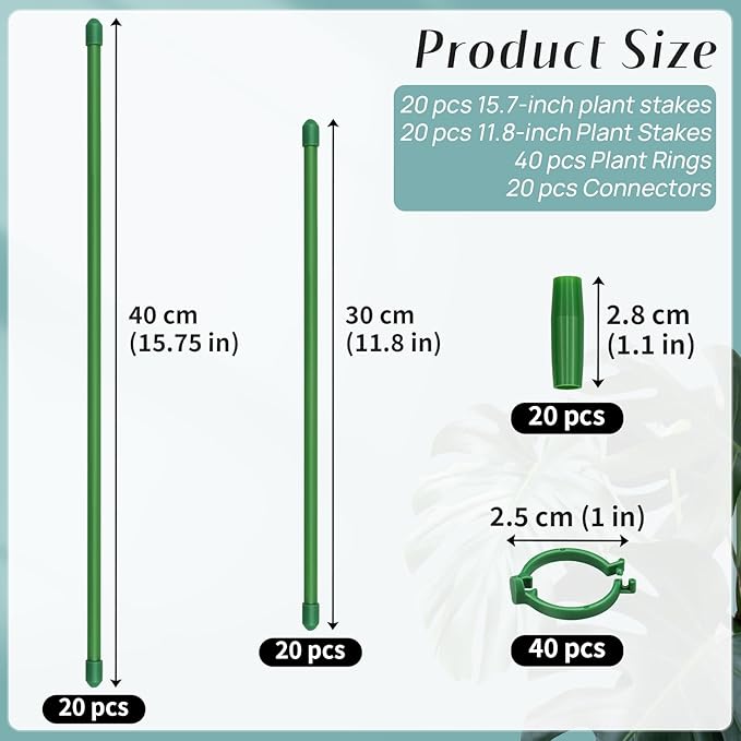 40 Pcs Plant Support Stakes, Indoor Plant Stakes Adjustable Length, Garden Sticks for Indoor Outdoor Plants, Plant Poles with with Rings Clip for Potted Plants Tomato Monstera Orchid