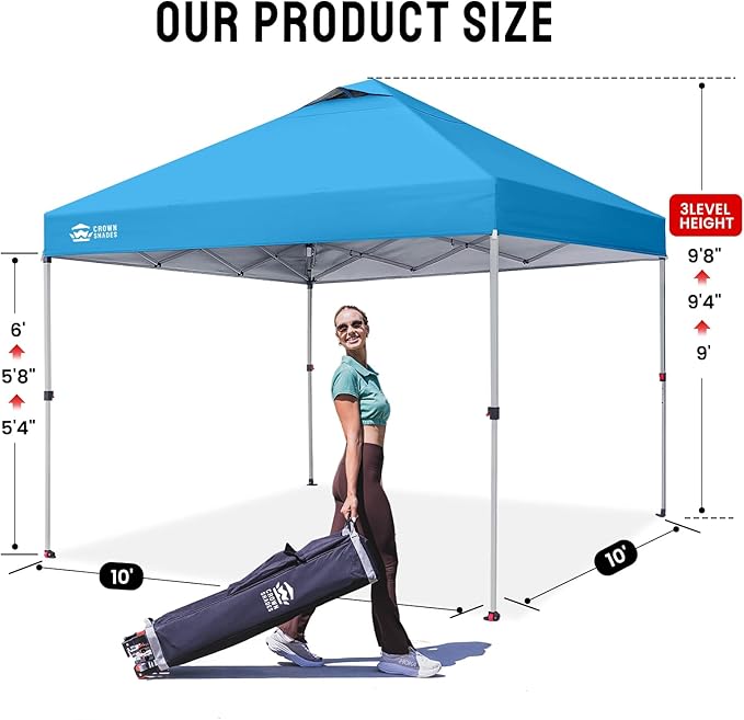 Crown Shades 10x10 Pop Up Canopy - Beach Tent with One Push Setup - Outdoor Sun Shade for Events, Parties, Camping - Gazebo with STO-N-Go Cover Bag, Silver Coated Top, 3 Height& 4 Sand Bags, Sky Blue