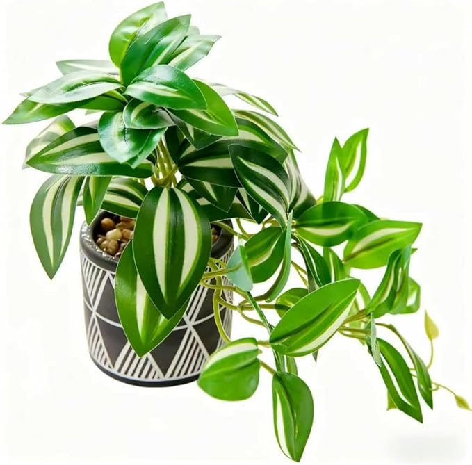 7" Artificial Variegated Pothos Vine in Geometric Ceramic Pot Lifelike Faux Trailing Plant for Indoor Home Office Desk Shelf Bathroom Decor