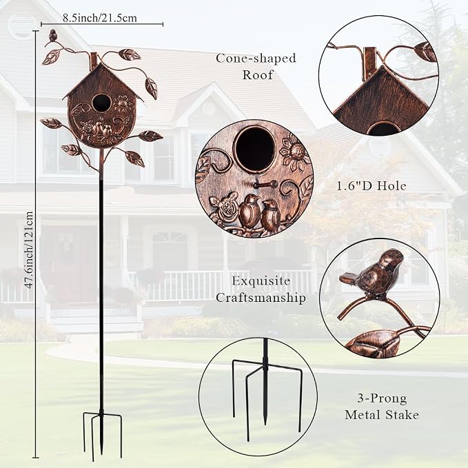 DREAMSOUL 48" Bronze Bird Houses for Outside Decorative Metal Birdhouse, Vintage Bird House Pole with 1.6" Entrance Hole for Patio, Yard, Garden