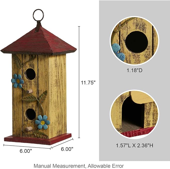 Glitzhome Bird houses for Outside,11.75"H Hand Painted Distressed Wooden Decorative Hanging Bird House for Outdoor Garden Birdhouse with 3D Metal Flower for Swallow Sparrow Hummingbird Finch Cardinals