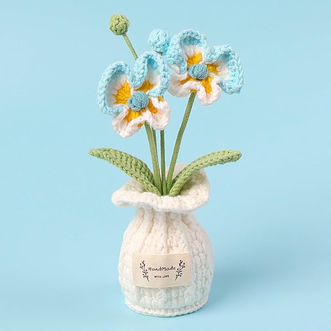 Crochet Moth Orchid Vase, Eternal Finished Hand Woven Artificial Mini Flowers Pot Decoration for Home Office Kitchen Living Room Table Bedroom Creative Women Girls Gift (Blue)