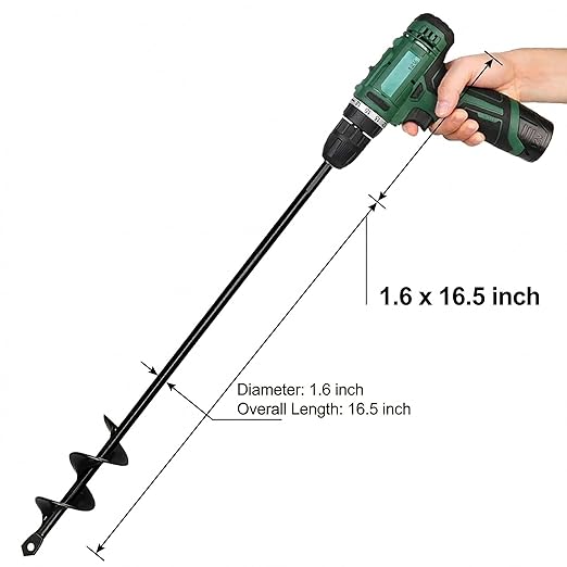 Auger Drill Bit for Planting, 1.6" x 16.5" Heavy Duty Garden Auger, Post Hole Digger, Bulb Planter, Fence Post Hole Tool for 3/8" Hex Drive Drill