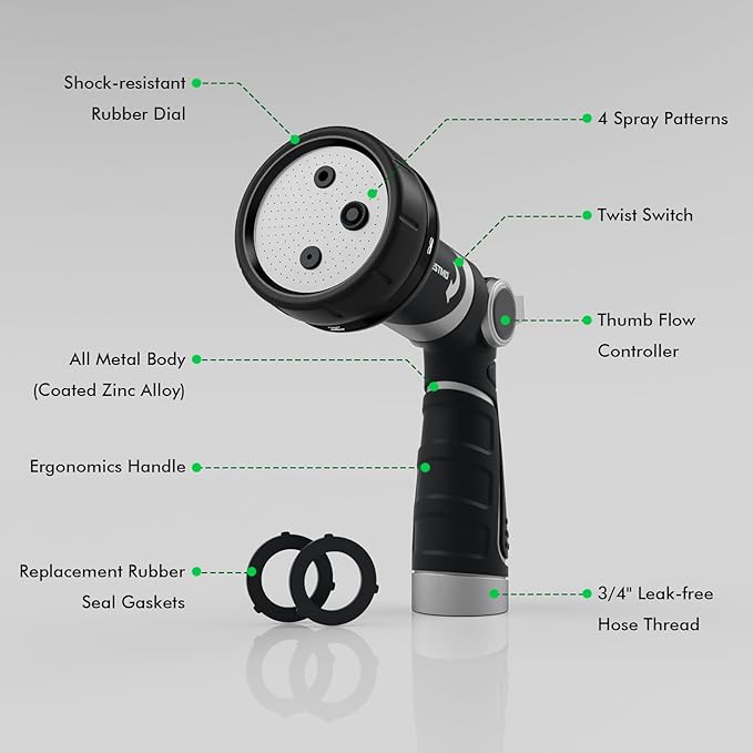 RESTMO Multi-Angle Garden Hose Nozzle with Sprinkler Function, Heavy Duty Water Hose Nozzle with 4 Spray Patterns, Magic Twist and Thumb Flow Control for Garden Watering, Car Washing & Yard, Black