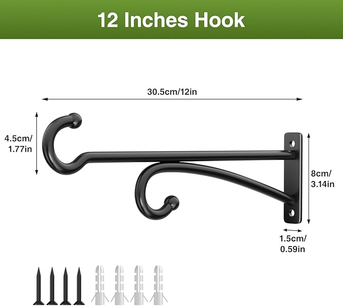12" Plant Hanger Hook Outdoor Indoor – Planter Hooks for Hanging Plants, Plant Wall Hooks, Brackets for Hanging Plants, Baskets, Wind Chimes, Bird Feeders, Lanterns, Bird Houses (Black, Metal, 2-Pack)