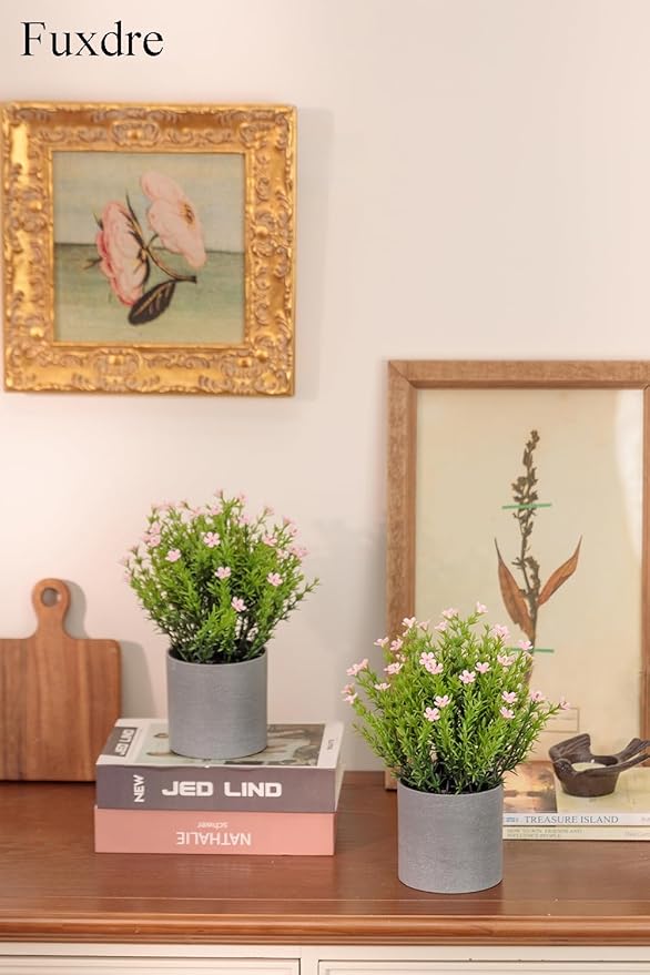 2 Pack Small Desk Plants, Artificial Bathroom Plants Decor with Thyme Flower in Vintage Melamine Pots, Faux Plants Indoor for Shelf Decor in Home Office, and Spring Decor (Pink)