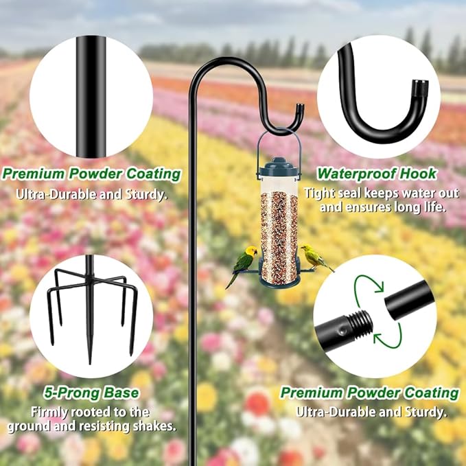 ANIDEER 48" Shepherds Hooks for Outdoor, Heavy Duty Garden Bird Feeder Pole for Hanging Bird Feeder, Plant Baskets, Solar Light Lanterns, Outdoor Plant Hanger Hook with 5 Base Prongs,1 Packs