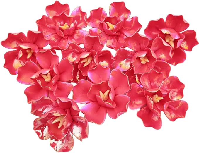 10 PCS 3D Flower Ceramic Tiles,1.6" Handmade Procelain Ceramic Flowers for Artwork,Fish Tank,Vases,Living Room, Dining Table,Office, Home Floral Decor (Double-Flowered Iridescent Red)