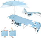 Tanning Chair with Umbrella UPF 50+ Adjustable, Heavy Duty Folding Chaise Lounge Outdoor, Lay Flat 5-Position Recliner for Sun Outside Sunbathing Reading Beach Pool Lawn, 300LBS
