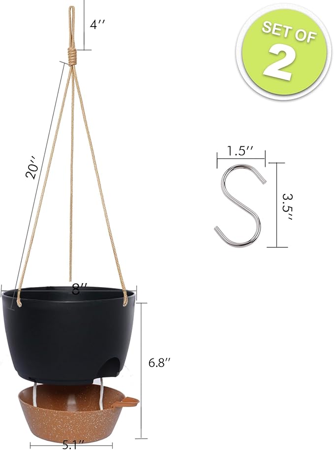 SwinDuck 8 inch Hanging Planters, 2 Pack Self Watering Hanging Pots with 20oZ Deep Reservoir for Indoor Outdoor Plants Flowers, Black with Brown