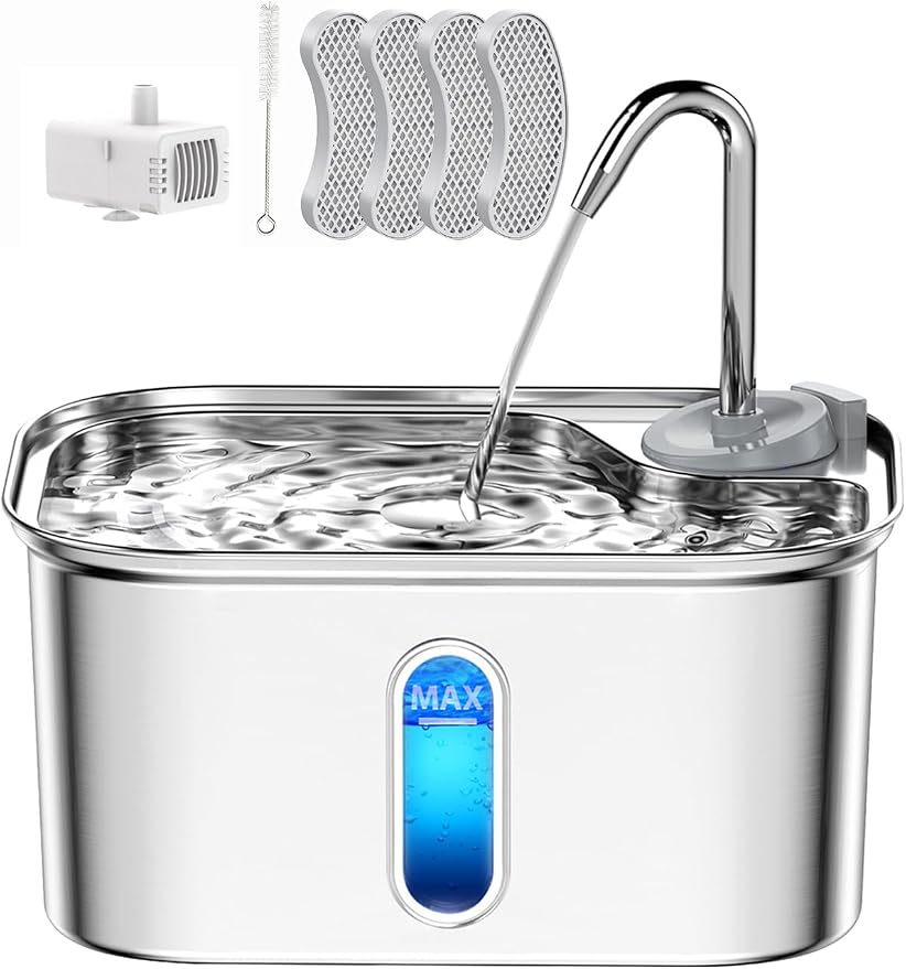 Cat Water Fountain Stainless Steel for Cats Indoor 2.5L 85oz by BPA-Free SUS304, 4pcs Effective 6-Layer Filter Cat Fountain for Drinking 20dB Ultra Quiet Metal Pet Water Fountain (Fountain+4 Filters)