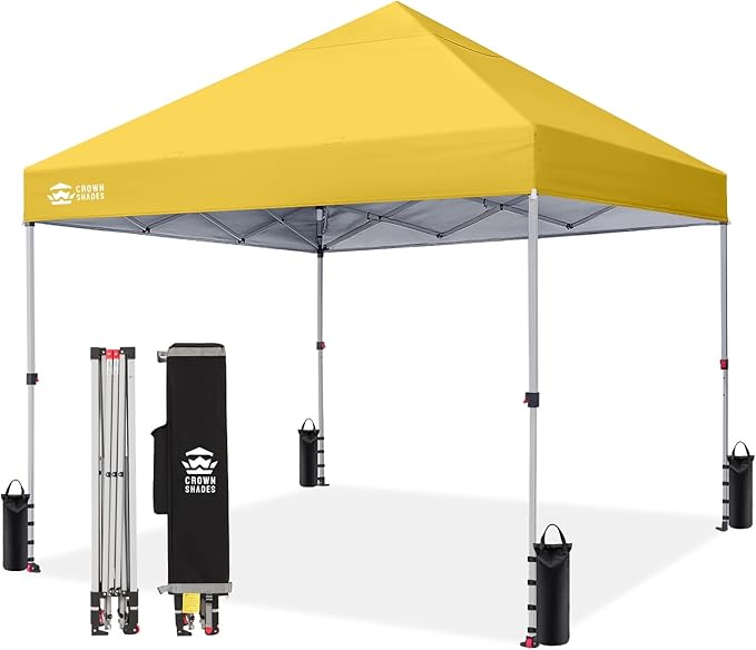 CROWN SHADES 8x8 Pop Up Canopy - Beach Tent with One Push Setup - Easy Outdoor Sun Shade for Events, Parties, Camping - Gazebo with STO-N-Go Cover Bag, Silver Coated Top, Yellow