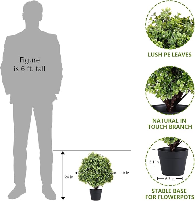 24" Faux Boxwood Plants Outdoor, Artificial Topiary Ball Trees Set of 2, UV Resistant Fake Potted Evergreen Realistic Greenery Bushes Shrubs for Outside Front Porch Planter Patio Indoor Decor 2ft Tall