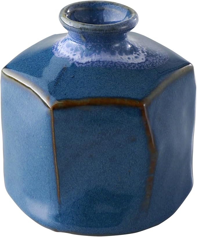 Wazakura Minoyaki Ceramic Small Ikebana Flower Bud Vase Made in Japan, Handpainted Floral Arrangement Pottery Supplies Hexagon Shaped Blue Vase - Hexagon Shaped Blue Vase