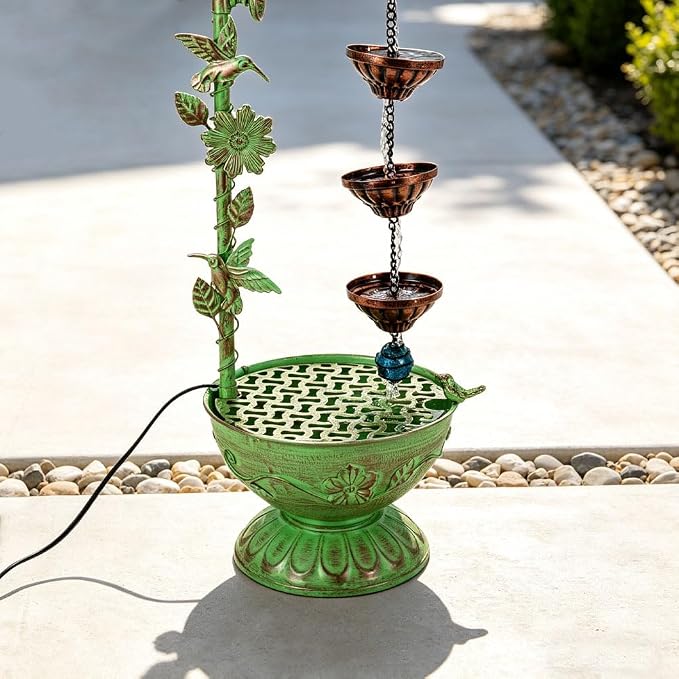 40" Vintage Metal Floor Water Fountain - Soothing Waterfall Outdoor Fountains with 6 Hanging Cups for Garden Patio Backyard Deck Decor, 1107 - Green Hummingbirds & Faucet