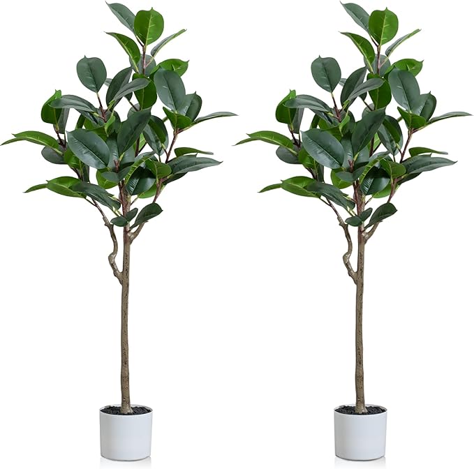Set of 2 Artificial Rubber Tree 4ft Indoor with Lifelike Leaves and Trunks, Artificial Plants in Pot Ideal for Home Office Decor, Living Room Bedroom Bathroom Corner