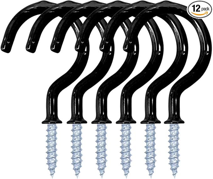 12 Pack Vinyl Coated Ceiling Hooks,Screw-in Mug Hooks,Multi-Function Wall Hooks Kitchen Hooks Cup Hooks for Indoors Outdoors (Black, 1-1/4 Inch)