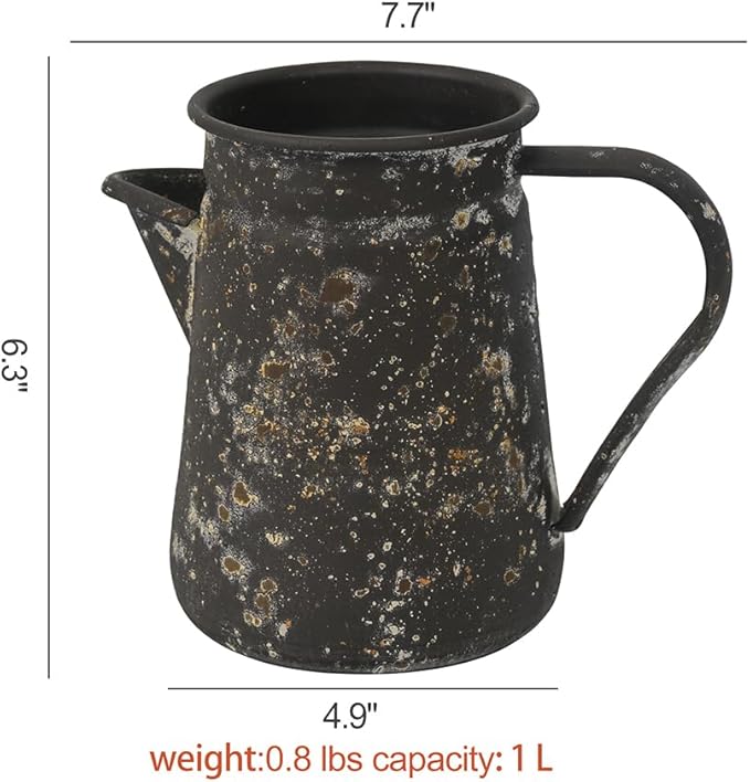 Vintage Pitcher Vase Rustic Farmhouse Vase for Flowers Vintage Metal Milk Jug Small Decorative Pitcher Shabby Chic Decor for Home, Kitchen, Bathroom, Brown