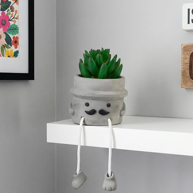 Cute Artificial Succulent Plant in Cement Pot with Hanging Legs, Mini Faux Succulent Decor for Kitchen Shelves, Bathroom Wall Shelf - Fake Small Plant for Home & Office Desktop, Shelf Accents