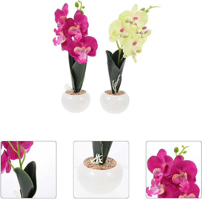 Artificial Phalaenopsis Orchid Bonsai Set 2pcs Simulation Plants with White-Green and Purple Flowers Decorative Fake Flowers for Living Room Home Décor Accessories