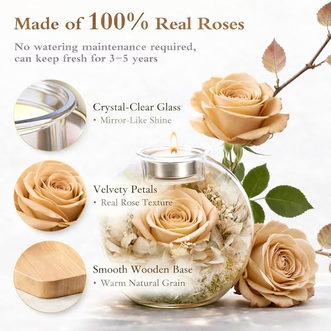 Preserved Real Rose in Glass with Scented Candles for Mom Her Wife Girlfriend Grandma Birthday Anniversary Romantic