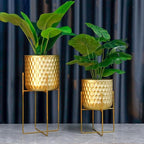 TRIROCKS Set of 2 Planters with Stand Indoor Otdoor Metal Plant Stand 8 * 18 &7 * 12 "Modern Planters Flower Pots for Living Room Corner Kitchen Office Garden Balcony Patio Decor(Gold)