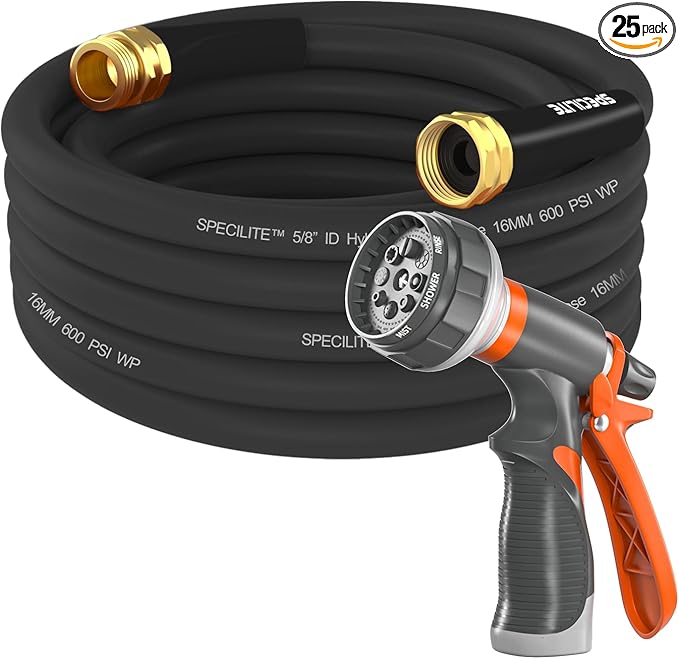 SPECILITE Garden Water Hose 25 ft x 5/8 in Heavy Duty, Flexible and Lightweight, Burst 600 psi, Kink-less Hybrid Rubber Pipe for Backyard, 3/4'' Brass Fittings, Black