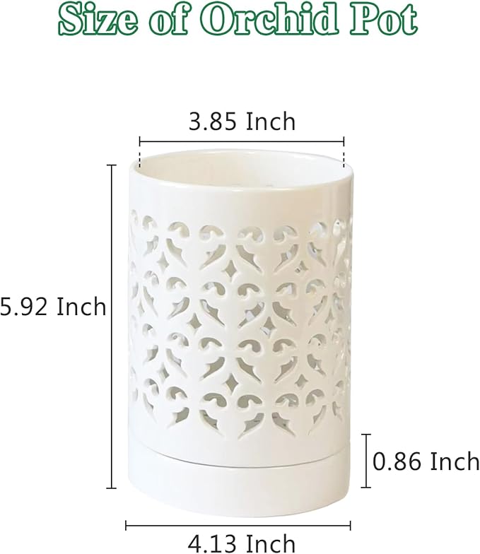 Orchid Pots with Holes 4 Inch 2 Pack, Ceramic Orchid Pot for Repotting with Saucers,More Ventilation Hole Easy Breathing, Plant Pot for Repotting Orchids, Green and White