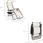 Best Choice Products Folding Zero Gravity Outdoor Recliner Patio Lounge Chair w/Adjustable Canopy Shade, Headrest, Side Accessory Tray, Textilene Mesh - Ivory