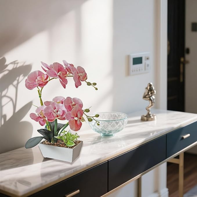 Pink Orchids Artificial Flowers Faux Orchid Plant Indoor Phalaenopsis Look Real With Pot Table Centerpieces Arrangement Lifelike Elegant Home Decor Dining Room Table Shelves Kitchen Decorative Flowers