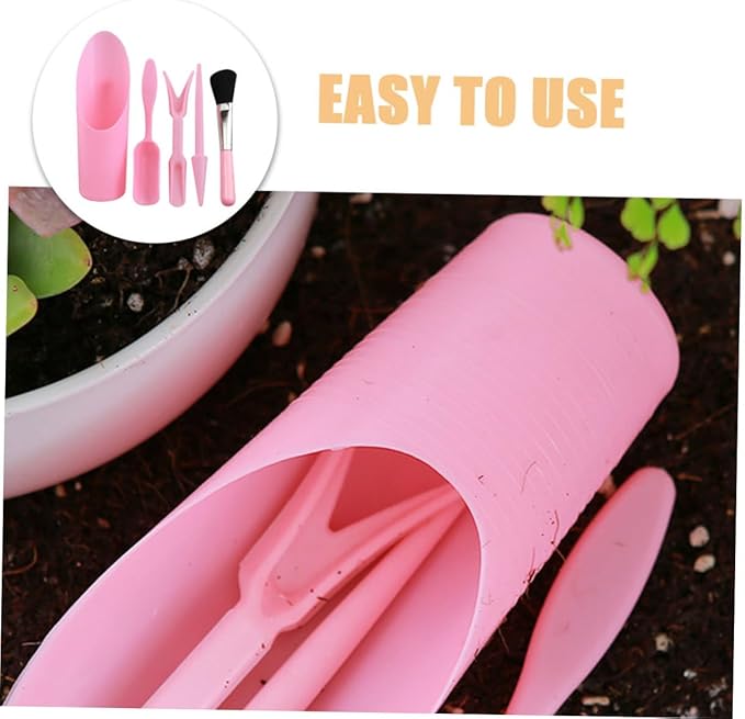Succulent Planting Tool Set with Seeder, Transplant Trowel, Soil Scoop, and Cleaning Brush, Pink Gardening Hand Tools for Bonsai and Indoor Plant Care