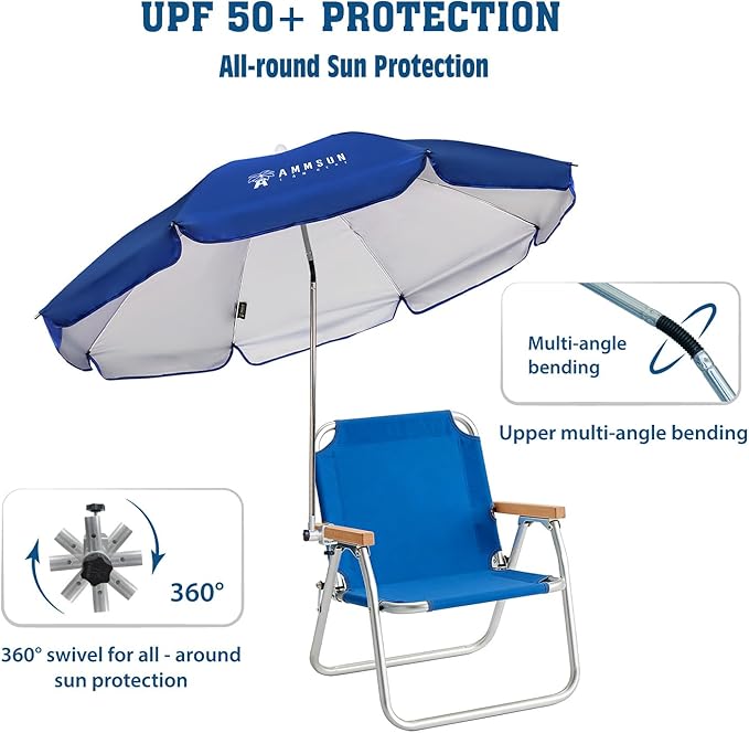 AMMSUN Chair Umbrella with Universal Clamp Adjustable 47 inches and 360° Swivel & UPF 50+ Protection Portable Sun Umbrella, Secure Clip on Camping/Beach Chairs, Stroller, Wheelchair, Golf cart, Lounger, Blue, Large-sized