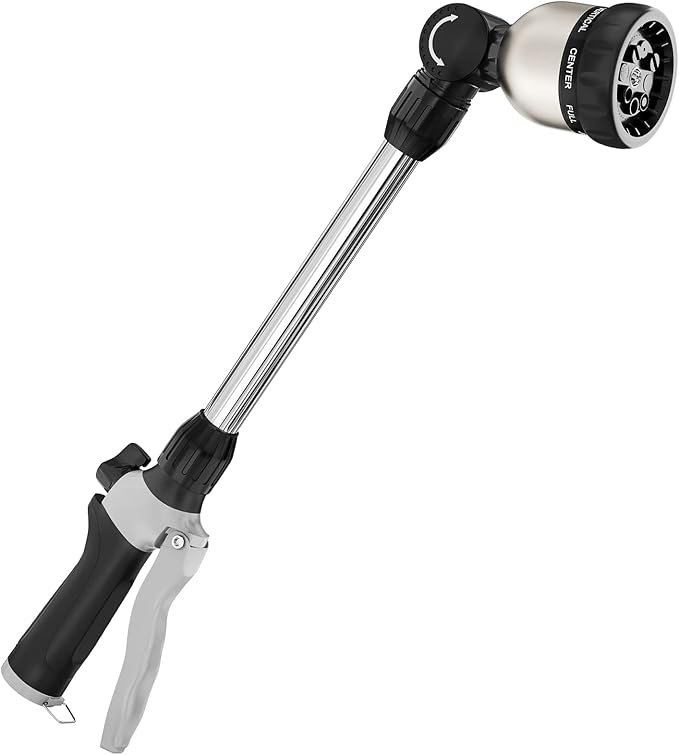 FANHAO Watering Wand Heavy Duty, 16 Inches Metal Garden Hose Wand with 8 Spray Patterns, Long Hose Nozzle Sprayer with ON/OFF Thumb Control, Perfect for Hanging Baskets, Shrubs, Garden and Lawn