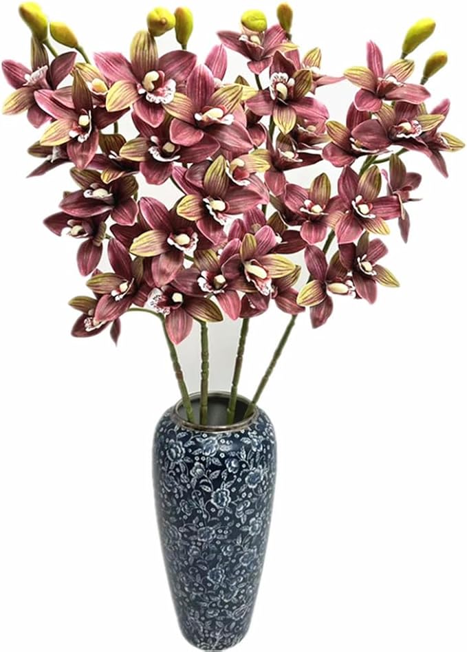 4pcs Artificial Cymbidium Orchid Flower Plant 3D Print Vanda 10 Heads Latex Phalaenopsis Flower (Yellow red)