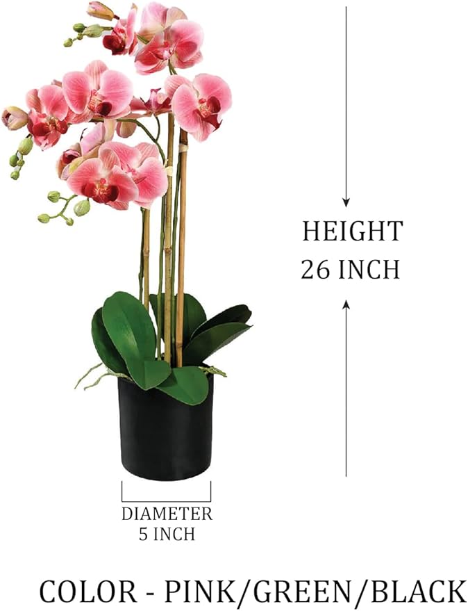 Serene Spaces Living 3 Pink Realistic Phalaenopsis Orchids in Black Plastic Pot, Artificial Potted Flowers - Beautiful Entryway Vase, Foyer Table Décor, Great Gift, Measures 5" Diameter & 26" Tall