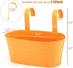 3 Pack Metal Railing Planters, 10.5" Oval Hanging Flower Pots with Detachable Hooks & Drainage Holes, Fits Rails up to 2.36", Galvanized Iron Fence Bucket for Balcony Garden Patio - Orange