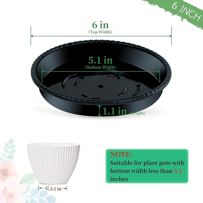 SupKing 6 Pack Plant Saucers Drip Tray,6 8 10 12 Inch Heavy Sturdy Plastic Flower Pot Saucers for Indoor Outdoor,Planter Water Catcher Trays for Plant Pots Liners (6''-Black)
