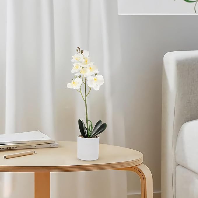 Housoutil Artificial Phalaenopsis Orchid Plant with 8 White Flowers, Realistic Faux Potted Flower Decor for Indoor Home Decoration, Simulation Orchid Bonsai for Living Room and Office