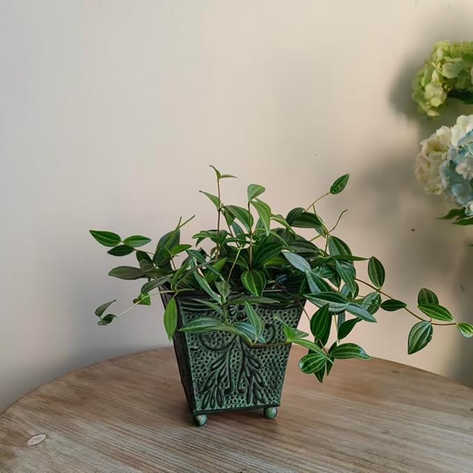 Hosley Set of 4 Green Patina Embossed Metal Planters with Ornate Floral Design, 5.25" L x 5.25" W x 5" H – Ideal for Floral Arrangements, Home Décor, Garden Accents, Rustic Weddings.