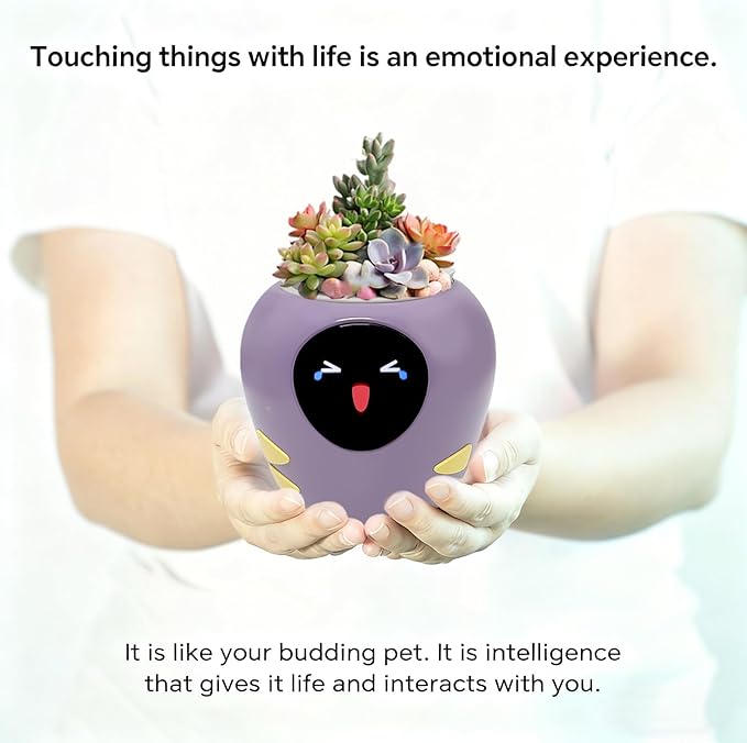 Smart Plant Pot with Expression, AI Intelligent Flower Pot for Indoor Decoration, Smart Garden Pot with Water/Light/Temperature Sensors, Ivy AI Planter (Purple（Big）)