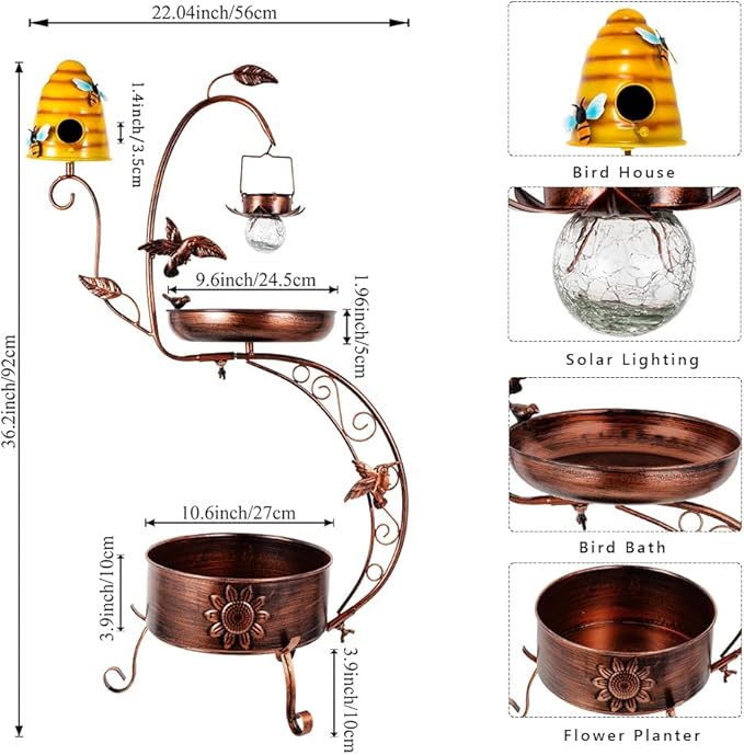 DREAMSOUL Solar Bird Bath with Bird House, 3 in 1 Bird Bath for Outside with Flower Planter, Metal Birdbath with Solar Light for Garden Yard Decor