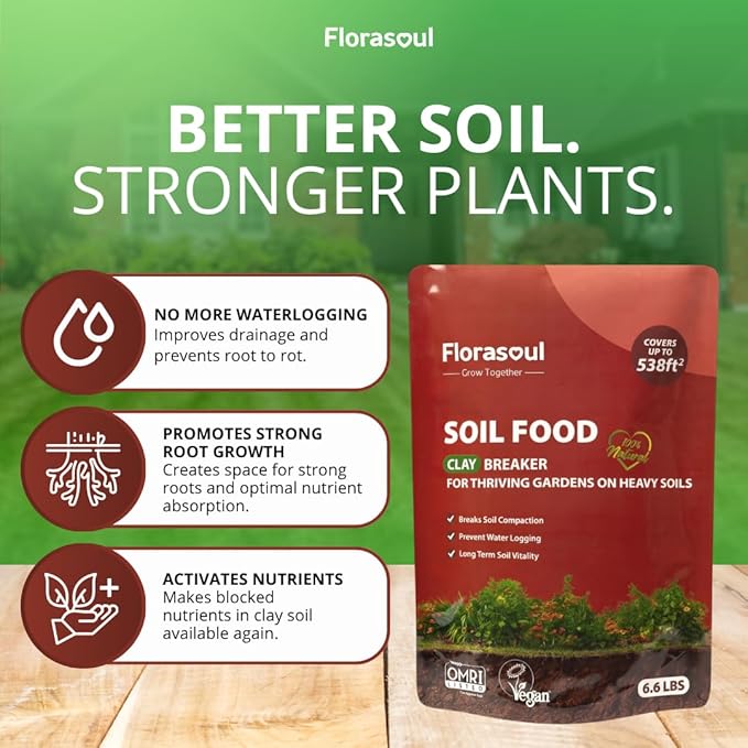 Florasoul® Clay Breaker Soil Amendment (6.6 lbs) – Revitalize Heavy Clay & Compacted Soil – Plant-Based & Vegan Formula – Enhances Drainage & Aeration – for Gardens, Lawns & Flower Beds