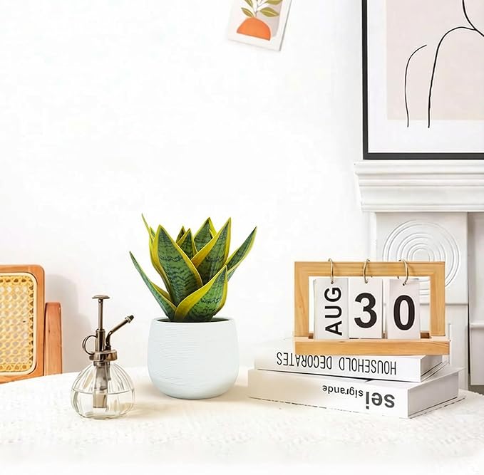 8" Artificial Snake Plant & Faux Agave in White Ceramic Pot - Sansevieria Potted Greenery, Real Touch Small Fake Plant for Home Office Desk, Bookshelf, Bathroom Decor (1 Pack)