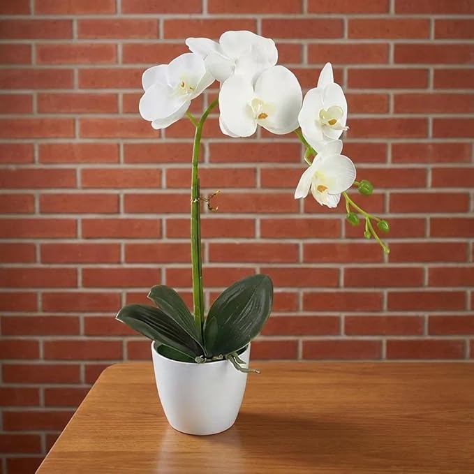 Artificial Orchid Flowers in Pot, 17" Real Touch Phalaenopsis Faux Orchid Plant (Adjustable to 20"), Large White/Pink Fake Flower Arrangement for Dining Table Centerpiece, Home Office (White)