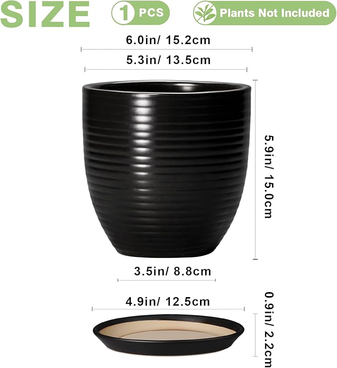 6 Inch Plant Pot - Ceramic Planters for Indoor Outdoor Plants, Modern Flower Pots with Drainage Hole and Saucer, Round Ceramic Planter, Office Room Decor, Gifts for Plant Lovers, Matte Black