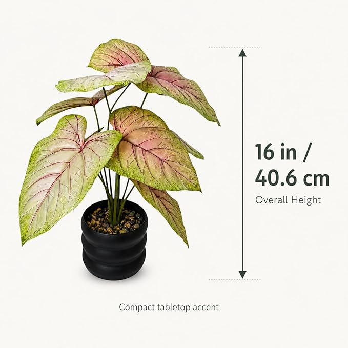 16'' Fake Plant Tall Artificial Caladium Plants Indoor with Black Planter Design, for Home Living Rooms Patios Porches Bathrooms Outdoor Decor (Red)