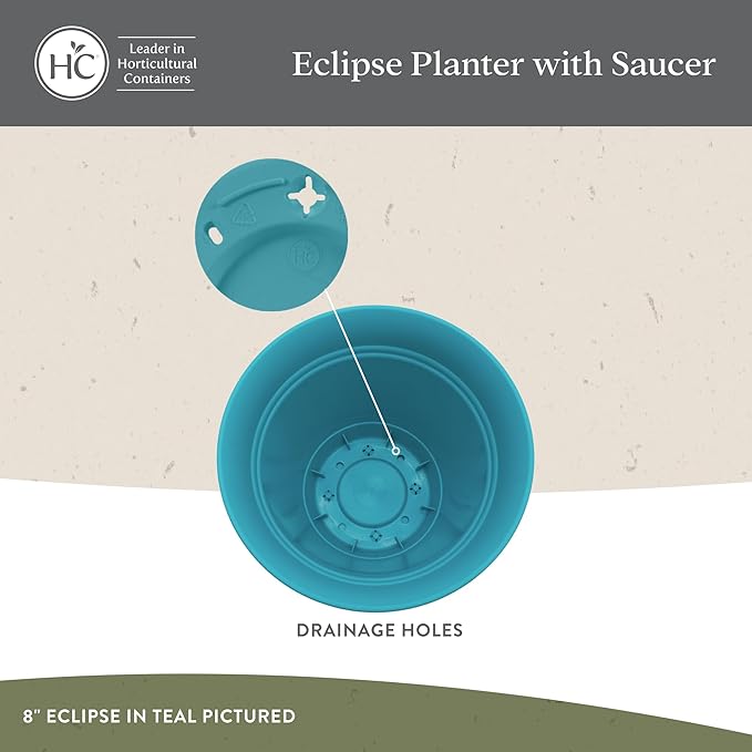 The HC Companies 12 Inch Eclipse Round Planter Pots with Drainage Holes & Attached Saucer, Lightweight UV-Resistant Plastic Indoor & Outdoor Planters, 2-Pack Flower Pots for Garden & Home Decor, Teal