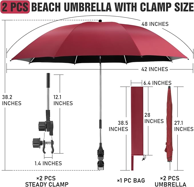 2 PACK Beach Umbrella with Clamp, 360 ° Adjustable Umbrellas for Chair, UPF50+ Umbrella for Beach Chair, Patio Chair, Wheelchair, Camping Chair, Golf Carts (Chair Not Included)