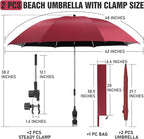 2 PACK Beach Umbrella with Clamp, 360 ° Adjustable Umbrellas for Chair, UPF50+ Umbrella for Beach Chair, Patio Chair, Wheelchair, Camping Chair, Golf Carts (Chair Not Included)